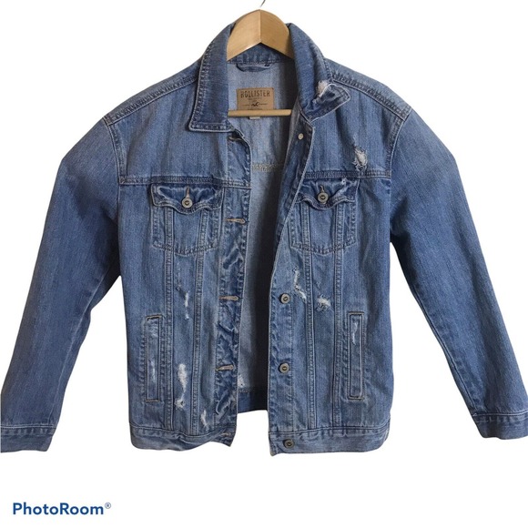 Hollister Denim Jean Jacket Womens Extra Small Distressed XS Trucker 100% Cotton - Picture 1 of 4